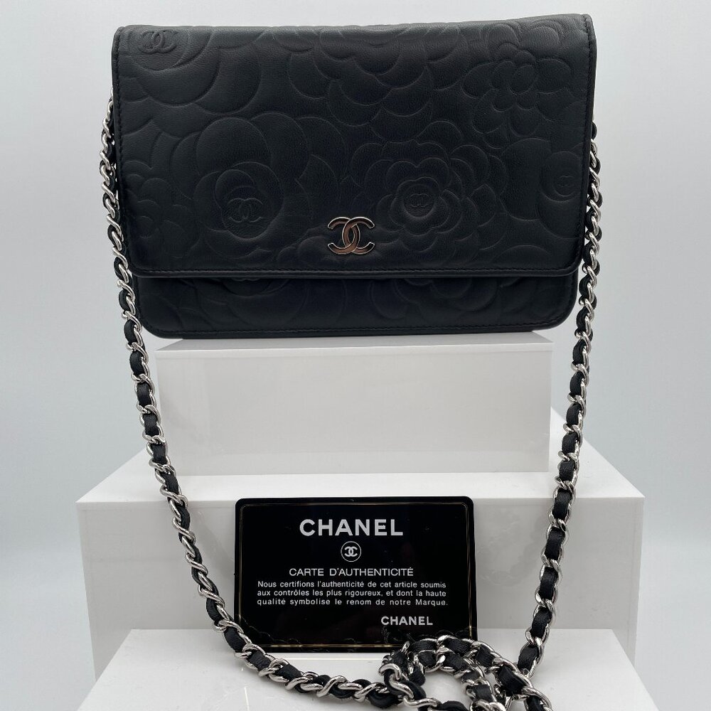 SOLD Auth CHANEL Black Camellia Pattern Leather Wallet on Chain (WOC)